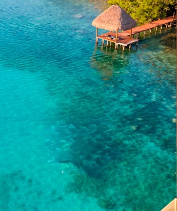 Dock with a palapa over the turquoise water of the Bacalar lagoon